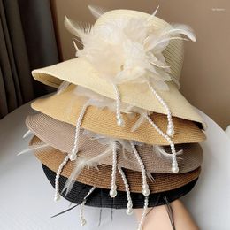 Wide Brim Hats French Elegant Pearl Feather Decoration Fisherman's Hat Female Fashion Temperament Basin Sun Protection Shade Straw