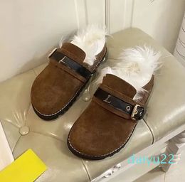 Leather Fur Thermal Slides Indoor Flats Bottomed Buckle Decorative Loafers