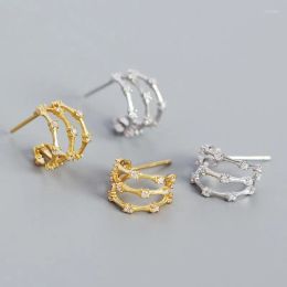 Stud Earrings French Light Luxury S925 Silver Ins Geometric Retro Three Layer Bamboo Knot Inlaid Diamond C-shaped