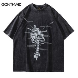 Men's T-Shirts Distressed Oversize Tshirt Streetwear Hip Hop Vintage Skeleton Skull Print Punk Gothic T-Shirt Harajuku Casual Loose Tee Shirts 230411