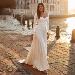 Boho Long Wedding Dresses Square Collar Satin Full Sleeves A Line Open Back Bridal Gowns Formal Occasion Dress