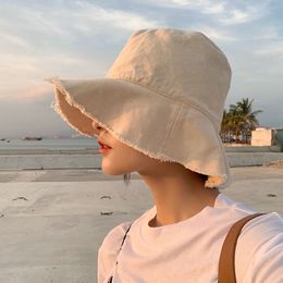 Stingy Brim Hats Summer Tassel Wide Brim Fisherman Hats For Women Bucket Hat Solid Colour Cotton Girls Travel Beach Panama Sun Cap 230411