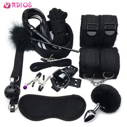 Adult Toys VRDIOS BDSM Sex Bondage Set Handcuffs Gag Whip Nipple Clamps Erotic Toy for Women Couples Shop Anal Butt Plug Tail 230411