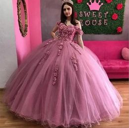 Princess Flowers Ball Gown Quinceanera Dresses Off Shoulder 3D Floral Appliques Tulle Long Prom Dress Lace-Up Back Plus Size 15 Brithday Party Gowns