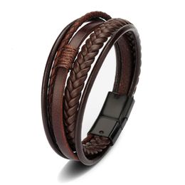 Charm Bracelets 21cm Drop Genuine Leather Men Stainless Steel Multilayer Braided Rope for Man Jewelry bracelet homme 230411