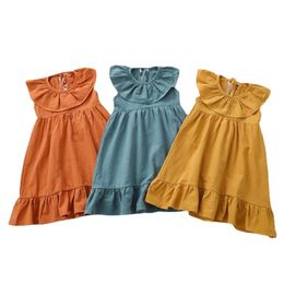 Girls Dresses Summer Girl Linen Color Solid Ruffles Collar Children Sleeveless Kids Sarafan Sundress Casual Clothing 230410