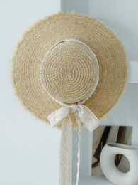 Wide Brim Hats Women Summer French Lace Raffia Straw Hat White Ribbon Cap Temperament Flat Hepburn Big Eaves Sunhat Vacation