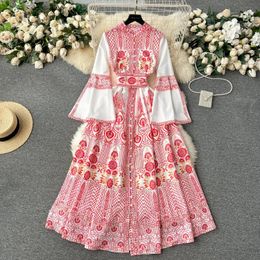 Basic Casual Dresses 2024 Spring Bohemian Retro Ethnic Paisley Maxi Dress Women's Stand Collar Long Flare Sleeve Floral Print Robe Vestidos