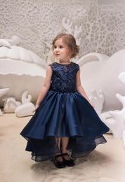 Girl Dresses Flower Navy Blue Simple Sleeveless Lace V-Back With Bow Wedding Party Kids Birthday Formal Occasion Ball Gowns