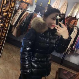 Fashion womens Down jacket hood Sashes British style 100% Raccoon Fur winter Parkas White duck down coats Black winter coat S-XL243N