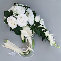 Waterfall Silk Rose Wedding Bouquet for bridesmaids Bridal Bouquets White Artificial Flowers Mariage Supplies Home Decoration226A