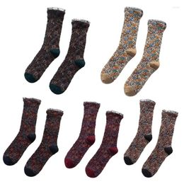 Women Socks Sweet Ruffle Lace Calf Ethnic Vintage Multicolor Floral Jacquard Harajuku Mid Tube Hosiery 37JB