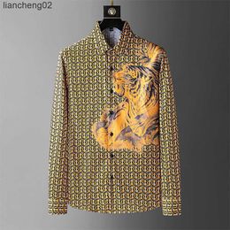 Men's Casual Shirts Luxury Letter Tiger Rhinestones Shirts Men Long Sleeves Slim Casual Business Formal Dress Shirts Social Party Camisa Masculina W0410