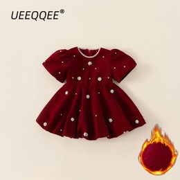 Girl's Dresses Pearl Warm Fleece Autumn Winter Children Party Dress Girls Christmas Short Sleeve Toddler Princess Kids Wear For 1-10Y 231110