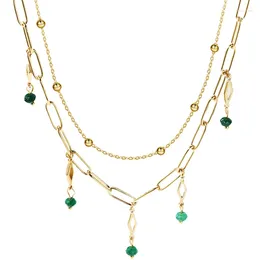 Chains ANEEBAYH Trendy Green Beads Tassel Layered Chain Overlay Necklace Pendant Waterproof Stainless Steel Handmade Jewellery For Women