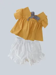 Clothing Sets Korean Summer Baby Girls Suit Lovely Bow Tiepullover Shirt Fashion Top Sleeve Shorts Two Piece Set Children's