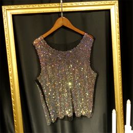Women's T-Shirt Women Men Crystal Colourful Rhinestones Shiny Sexy Y2K Tank Tops High Quality Party Club Sexy See Through Mesh Hollow Out Diamond 230411