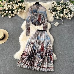 Two Piece Dress Sets New Pleated Autumn 2 Piece Set Fashion Women Stand Collar Long Sleeve Printing Tops Elastic Waist Midi Skirt Suits 2024