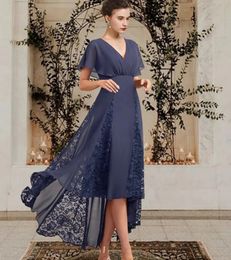 2024 New Grey High Low Mother of the Bride Dress Elegant V Neck Asymmetrical Chiffon Lace Guest Party Gown Robe De Soiree