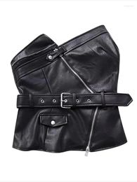 Women's Leather Ladies Super Fashion Asymmetrical Black Faux Short Tops Girls Stylish Zippers Slim Pu Vest With Belt