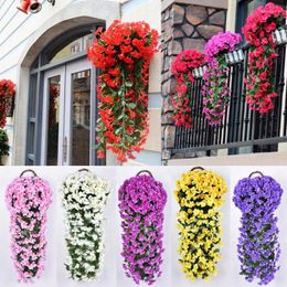 Decorative Flowers Violet Rattan Hanging Basket Artificial Flower For Home Farmhouse Vintage Wedding Decoration Wreath Greenery Supplies