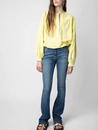Women's Blouses Embroidery Trim Yellow Round Neck Shirt 2023 Ladies Half Open Button Lantern Sleeves Loose Blouse Tops