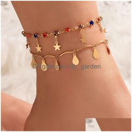 Anklets 2Pcs/Set Luxury Colorf Crystal Star Tassel Anklets For Women Bohe Geometry Water Drop Layered Foot Chains Jewellery Dr Dhgarden Dhghz