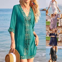 Casual Dresses Women Crochet Lace Beach Mini Dress Sexy See-through Swimsuit Cover Ups Summer Holiday Up Long Shirt Tops