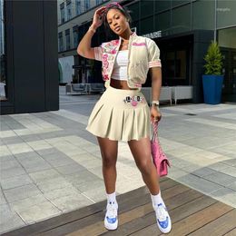 Work Dresses VAZN 2023 Luxury Style High-end Baseball Dress Set Office Lady Casual Short Sleeve Mini Pleated Skirt Women Two Piece Sets