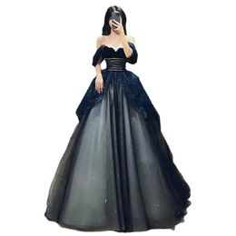 Navy Blue Evening Dress Sequined Empire Off Shoulder Fashion Bling For Women Princess Sexy Luxury Tulle Party Prom Gowns