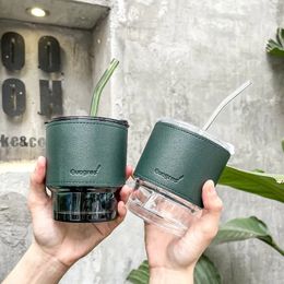 Mugs 420ml Green Creative Glasses Straw Cup Heat Resistant Coffee Mug With Silicone Lid Reusable Office Tea Juice Milk Water 230411