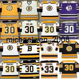 Weng 30 BERNIE PARENT CHRIS NILAN GERRY CHEEVERS JIM CRAIG TIM THOMAS 33 ZDENO CHARA Custom Hockey Jerseys S-5XL