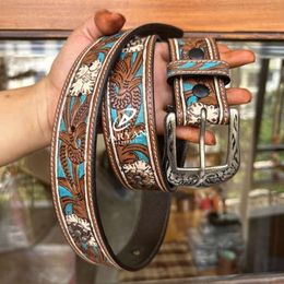 New Arrival Genuine Leather Western Hand Tooled And Turquoise Painted Floral Belt Real Handmade Tooled Leather Unisex Waist Belt