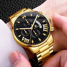 Wristwatches 2023 Luxury Mens Fashion Watches Gold Stainless Steel Quartz Wrist Watch Men Business Casual Calendar Clock Relogio Masculino