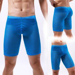 Underpants Mens Sexy Breathable Ultra-Thin Long Leg Boxer Shorts Man Mesh Transparent Underwear Male Striped See Through Homewear Panties