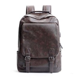 Vinatge Fashion Men's Backpack Waterproof PU Leather Travel Bag Buckle Laptop Backpack Men Leisure Student School Bag Bookbag 230411
