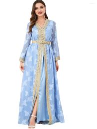 Ethnic Clothing Zigui Abaya Femme Muslim Dubai V Neck Belt Leaf Printing 2 Piece Set Womens Outfits Ladies Elegant Light Blue Chiffon Dress