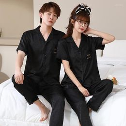 Men's Sleepwear Summer Women Mne Short Sleeve Shirt Pants Couple Leopard Jacquard Satin Rayon Pyjamas Sets Homewear