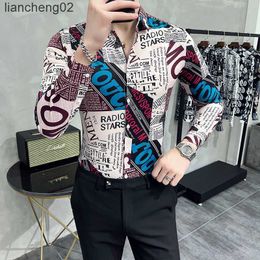 Men's Casual Shirts 2022 Autumn Men Shirt Fashin Letter Print Long Sleeves Casual Shirts Slim Formal Dress Shirt Social Party Men Clothing W0410