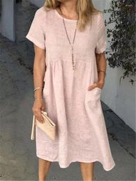 Casual Dresses Cotton Linen Women's Midi Dress O-neck POCKET Loose White Female 2023 Autumn Elegant Fashion Clothes Lady