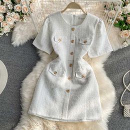 New Design Women's Summer O-neck Short Sleeve Tweed Woollen Single Breasted A-line Slim Waist Dress Solid Colour Ml