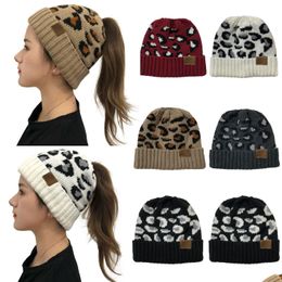 5 Colors With Logo Luxury Leopard Print Horsetail Woolen Hat Outdoor Warm Knit Uni Sports Casual Drop Delivery Dhw0X