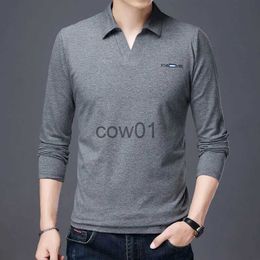Men's T-Shirts Korean Spring Autumn New T-shirt V-neck Men's Lapel Fashion Casual Commuter Loose Pure Cotton Long Sleeved Underlay Tops 2023 J231111