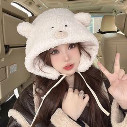 Berets Cartoon Bear Ear Winter Warm Women Beanies Hat Soft Lamb Wool Protection Skullies Girls Outdoor Ski Earmuffs Bonnet Hats