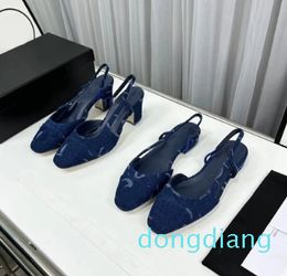 Denim Slingback thick Sandals leather sole chunky block Heels flats sandal Round toe Women's luxury designers dress Evening shoes