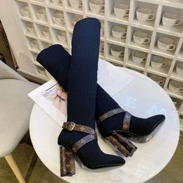 Women Sock Boots Designer Silhouette Ankle Boot Black Martin Booties Stretch High Heel Half Winter Thick Letter Shoes 35-42 05