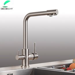 Kitchen Faucets SHBSHAIMY Brushed Nickel Filter Faucet Drinking Water Tap Deck Mounted Dual Handles 3Way Cold Mixer 230411