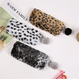 Creative Leopard Print Plush Pencil Case Pen Pouch Girls Large Capacity Cosmetic Zipper Storage Bag School Supplies Stationery