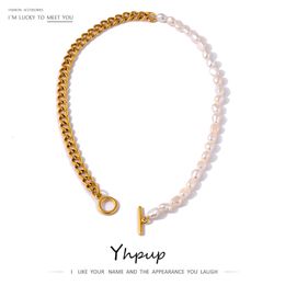 Chokers Yhpup Trendy Natural Pearl Cuban Chain Necklace Stainless Steel Metal Gold Jewelry 18 K Plated Heavy Texture Collar Party Gift 230410