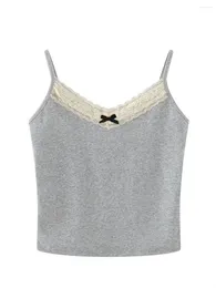 Women's Tanks PUWD Women Grey Tank Tops 2023 Winter Fashion Ladies Sexy Short Navel Bow Lace-trimmed Crop Top Sweet